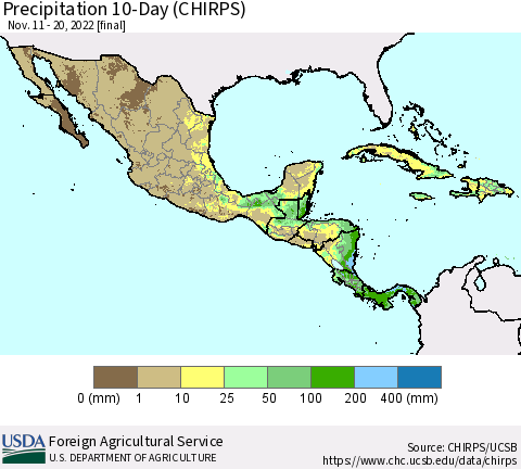 Mexico Central America and the Caribbean Precipitation 10-Day (CHIRPS) Thematic Map For 11/11/2022 - 11/20/2022