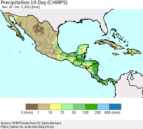 Mexico Central America and the Caribbean Precipitation 10-Day (CHIRPS) Thematic Map For 11/26/2022 - 12/5/2022