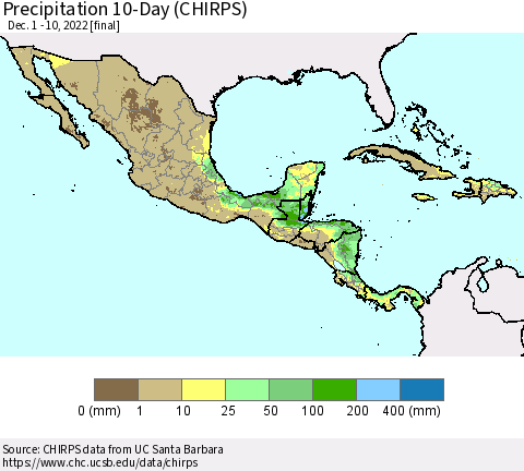 Mexico Central America and the Caribbean Precipitation 10-Day (CHIRPS) Thematic Map For 12/1/2022 - 12/10/2022
