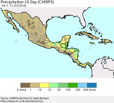Mexico Central America and the Caribbean Precipitation 10-Day (CHIRPS) Thematic Map For 12/6/2022 - 12/15/2022
