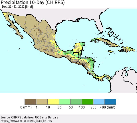 Mexico Central America and the Caribbean Precipitation 10-Day (CHIRPS) Thematic Map For 12/21/2022 - 12/31/2022