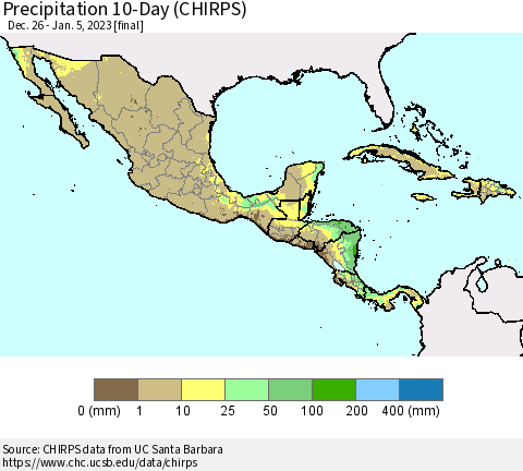 Mexico Central America and the Caribbean Precipitation 10-Day (CHIRPS) Thematic Map For 12/26/2022 - 1/5/2023