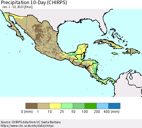 Mexico Central America and the Caribbean Precipitation 10-Day (CHIRPS) Thematic Map For 1/1/2023 - 1/10/2023