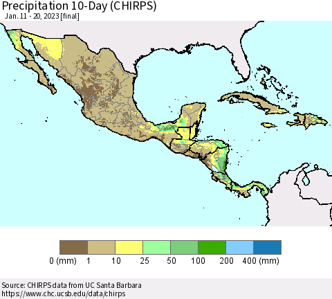 Mexico Central America and the Caribbean Precipitation 10-Day (CHIRPS) Thematic Map For 1/11/2023 - 1/20/2023