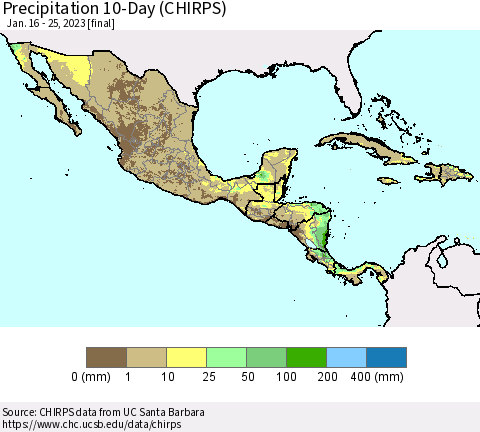 Mexico Central America and the Caribbean Precipitation 10-Day (CHIRPS) Thematic Map For 1/16/2023 - 1/25/2023