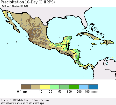 Mexico Central America and the Caribbean Precipitation 10-Day (CHIRPS) Thematic Map For 1/21/2023 - 1/31/2023