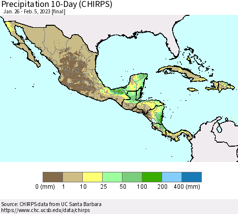 Mexico Central America and the Caribbean Precipitation 10-Day (CHIRPS) Thematic Map For 1/26/2023 - 2/5/2023