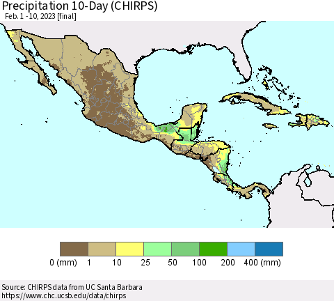 Mexico Central America and the Caribbean Precipitation 10-Day (CHIRPS) Thematic Map For 2/1/2023 - 2/10/2023
