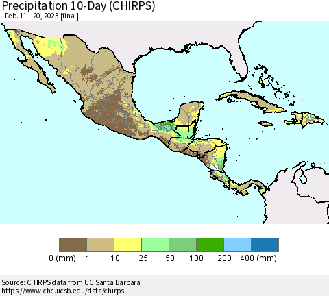 Mexico Central America and the Caribbean Precipitation 10-Day (CHIRPS) Thematic Map For 2/11/2023 - 2/20/2023