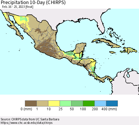 Mexico Central America and the Caribbean Precipitation 10-Day (CHIRPS) Thematic Map For 2/16/2023 - 2/25/2023