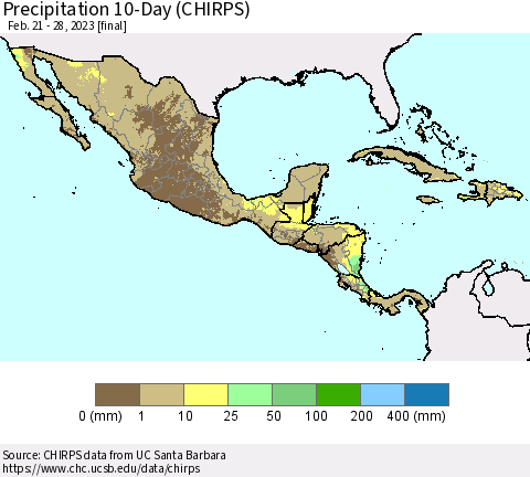 Mexico Central America and the Caribbean Precipitation 10-Day (CHIRPS) Thematic Map For 2/21/2023 - 2/28/2023