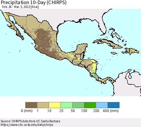 Mexico Central America and the Caribbean Precipitation 10-Day (CHIRPS) Thematic Map For 2/26/2023 - 3/5/2023