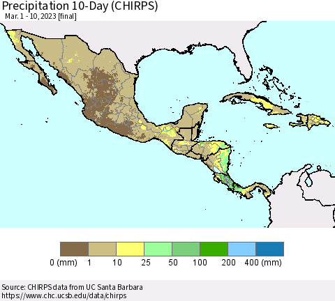 Mexico Central America and the Caribbean Precipitation 10-Day (CHIRPS) Thematic Map For 3/1/2023 - 3/10/2023