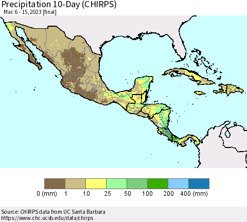 Mexico Central America and the Caribbean Precipitation 10-Day (CHIRPS) Thematic Map For 3/6/2023 - 3/15/2023