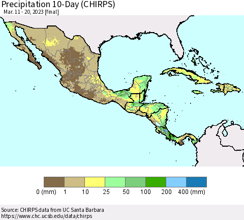 Mexico Central America and the Caribbean Precipitation 10-Day (CHIRPS) Thematic Map For 3/11/2023 - 3/20/2023