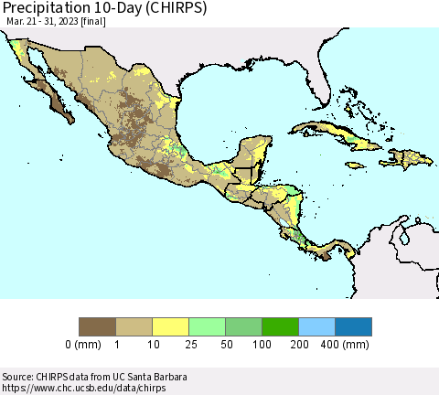 Mexico Central America and the Caribbean Precipitation 10-Day (CHIRPS) Thematic Map For 3/21/2023 - 3/31/2023
