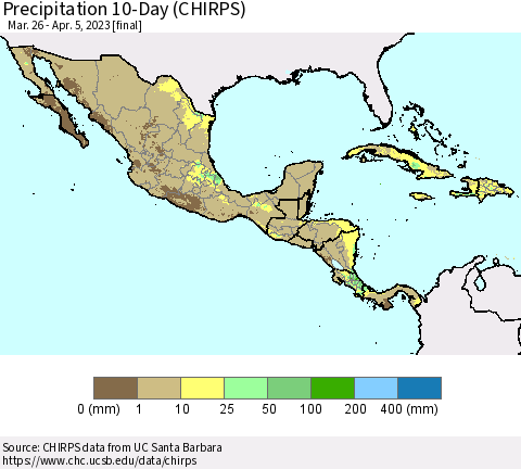 Mexico Central America and the Caribbean Precipitation 10-Day (CHIRPS) Thematic Map For 3/26/2023 - 4/5/2023