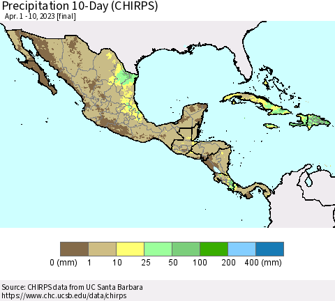 Mexico Central America and the Caribbean Precipitation 10-Day (CHIRPS) Thematic Map For 4/1/2023 - 4/10/2023