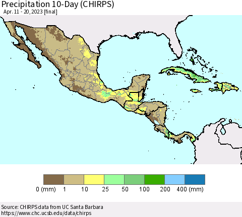 Mexico Central America and the Caribbean Precipitation 10-Day (CHIRPS) Thematic Map For 4/11/2023 - 4/20/2023