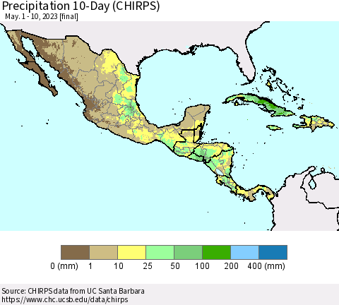 Mexico Central America and the Caribbean Precipitation 10-Day (CHIRPS) Thematic Map For 5/1/2023 - 5/10/2023