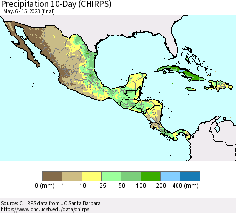 Mexico Central America and the Caribbean Precipitation 10-Day (CHIRPS) Thematic Map For 5/6/2023 - 5/15/2023