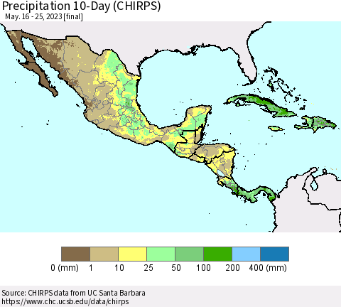 Mexico Central America and the Caribbean Precipitation 10-Day (CHIRPS) Thematic Map For 5/16/2023 - 5/25/2023
