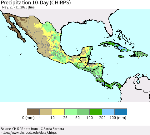Mexico Central America and the Caribbean Precipitation 10-Day (CHIRPS) Thematic Map For 5/21/2023 - 5/31/2023