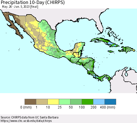 Mexico Central America and the Caribbean Precipitation 10-Day (CHIRPS) Thematic Map For 5/26/2023 - 6/5/2023