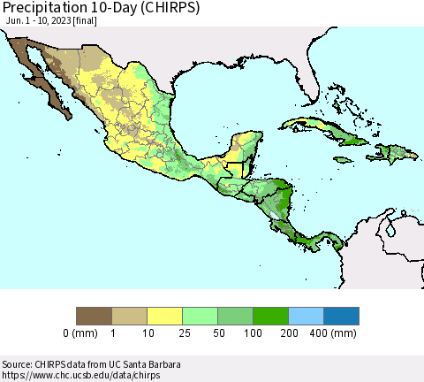 Mexico Central America and the Caribbean Precipitation 10-Day (CHIRPS) Thematic Map For 6/1/2023 - 6/10/2023