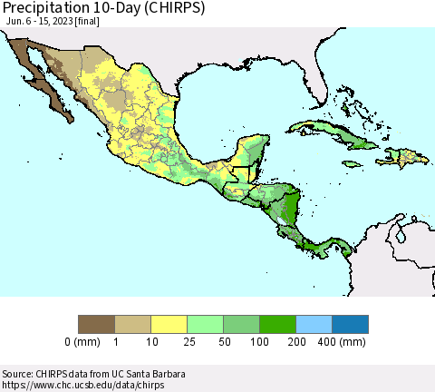 Mexico Central America and the Caribbean Precipitation 10-Day (CHIRPS) Thematic Map For 6/6/2023 - 6/15/2023