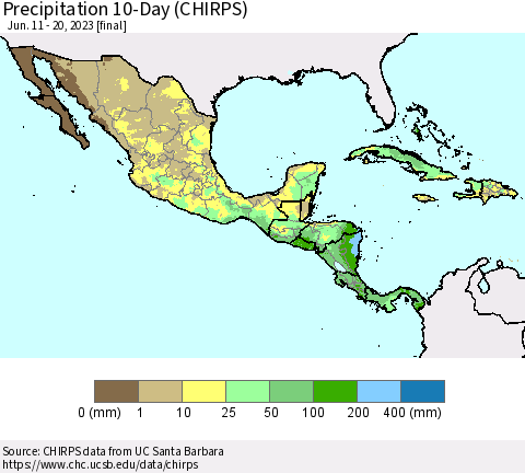 Mexico Central America and the Caribbean Precipitation 10-Day (CHIRPS) Thematic Map For 6/11/2023 - 6/20/2023