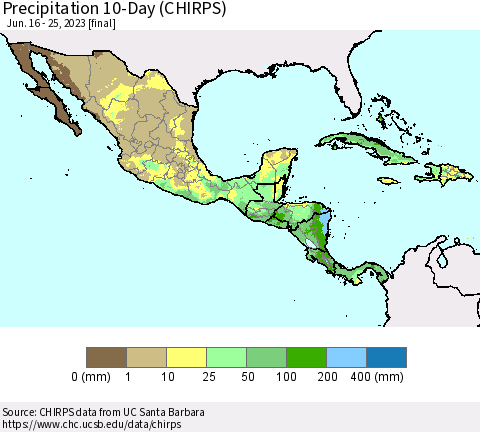 Mexico Central America and the Caribbean Precipitation 10-Day (CHIRPS) Thematic Map For 6/16/2023 - 6/25/2023