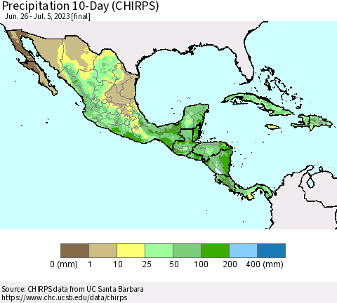 Mexico Central America and the Caribbean Precipitation 10-Day (CHIRPS) Thematic Map For 6/26/2023 - 7/5/2023