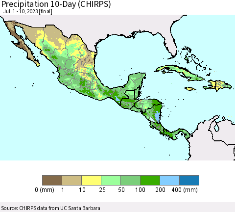 Mexico Central America and the Caribbean Precipitation 10-Day (CHIRPS) Thematic Map For 7/1/2023 - 7/10/2023