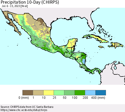 Mexico Central America and the Caribbean Precipitation 10-Day (CHIRPS) Thematic Map For 7/6/2023 - 7/15/2023