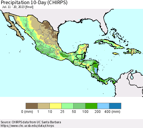 Mexico Central America and the Caribbean Precipitation 10-Day (CHIRPS) Thematic Map For 7/11/2023 - 7/20/2023