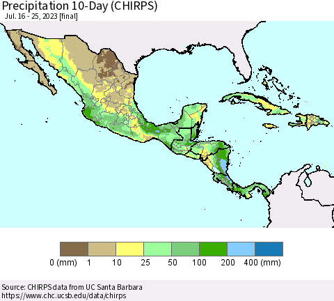 Mexico Central America and the Caribbean Precipitation 10-Day (CHIRPS) Thematic Map For 7/16/2023 - 7/25/2023