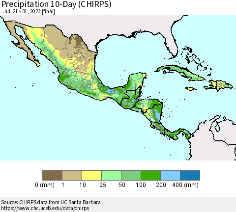 Mexico Central America and the Caribbean Precipitation 10-Day (CHIRPS) Thematic Map For 7/21/2023 - 7/31/2023