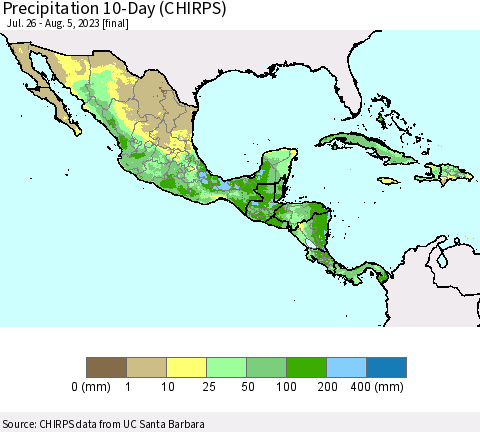 Mexico Central America and the Caribbean Precipitation 10-Day (CHIRPS) Thematic Map For 7/26/2023 - 8/5/2023