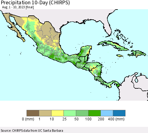 Mexico Central America and the Caribbean Precipitation 10-Day (CHIRPS) Thematic Map For 8/1/2023 - 8/10/2023