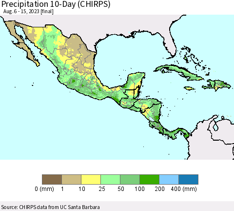 Mexico Central America and the Caribbean Precipitation 10-Day (CHIRPS) Thematic Map For 8/6/2023 - 8/15/2023