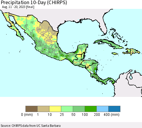 Mexico Central America and the Caribbean Precipitation 10-Day (CHIRPS) Thematic Map For 8/11/2023 - 8/20/2023
