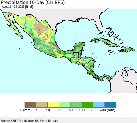 Mexico Central America and the Caribbean Precipitation 10-Day (CHIRPS) Thematic Map For 8/16/2023 - 8/25/2023