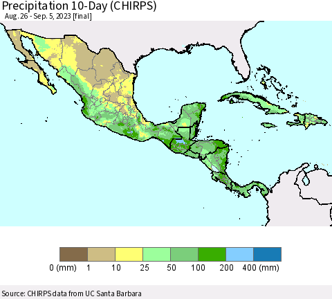 Mexico Central America and the Caribbean Precipitation 10-Day (CHIRPS) Thematic Map For 8/26/2023 - 9/5/2023