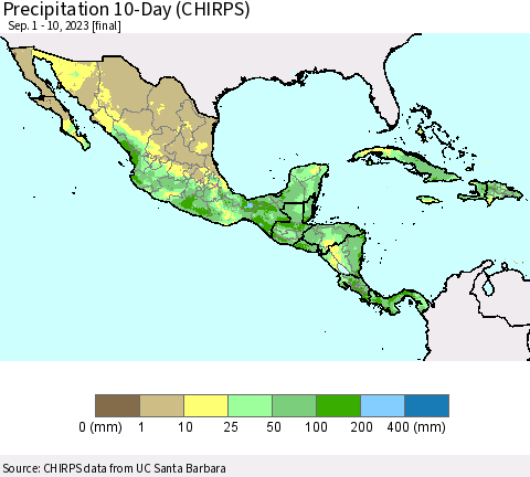 Mexico Central America and the Caribbean Precipitation 10-Day (CHIRPS) Thematic Map For 9/1/2023 - 9/10/2023