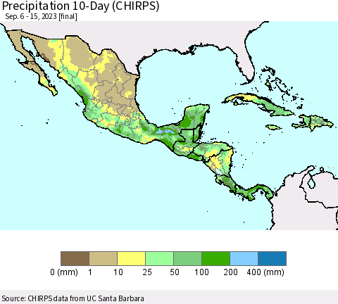 Mexico Central America and the Caribbean Precipitation 10-Day (CHIRPS) Thematic Map For 9/6/2023 - 9/15/2023