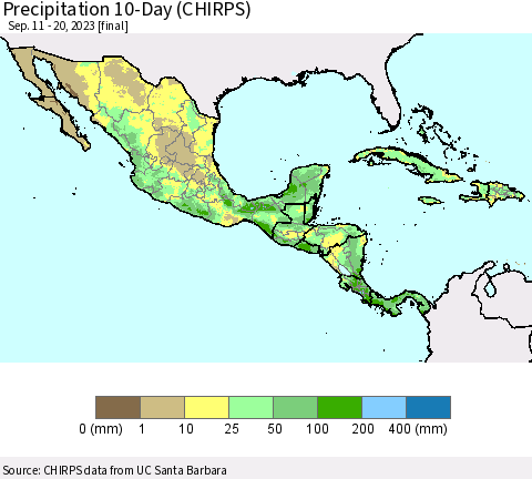 Mexico Central America and the Caribbean Precipitation 10-Day (CHIRPS) Thematic Map For 9/11/2023 - 9/20/2023