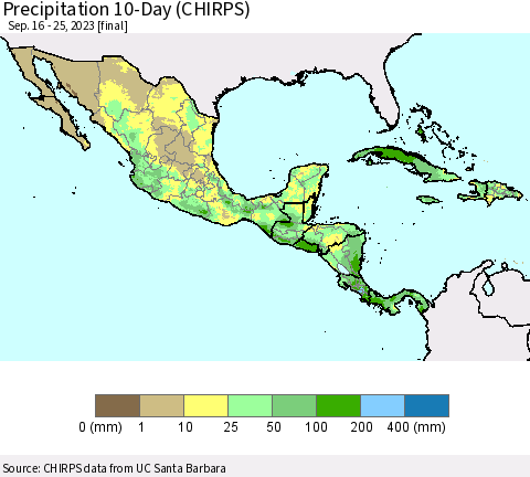 Mexico Central America and the Caribbean Precipitation 10-Day (CHIRPS) Thematic Map For 9/16/2023 - 9/25/2023