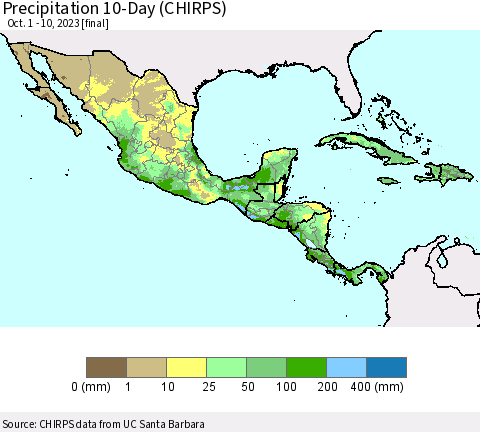 Mexico Central America and the Caribbean Precipitation 10-Day (CHIRPS) Thematic Map For 10/1/2023 - 10/10/2023
