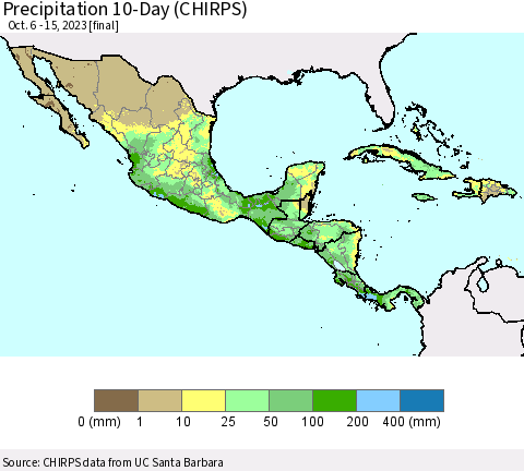 Mexico Central America and the Caribbean Precipitation 10-Day (CHIRPS) Thematic Map For 10/6/2023 - 10/15/2023